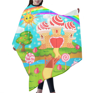 Personality  Illustration Of Candy Land With Waffle And Cream Castle Lollipops And Berries. Cartoon Style Hair Cutting Cape