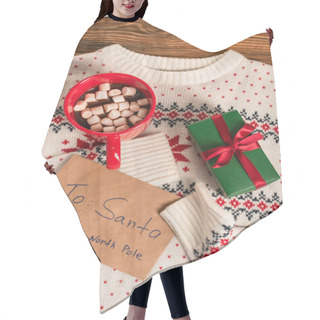 Personality  Top View Of Letter To Santa Near Gift Box And Cocoa With Marshmallows On Knitted Sweater  Hair Cutting Cape
