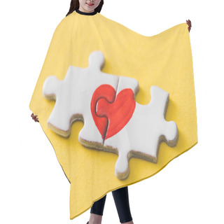 Personality  Connected Puzzle Pieces With Drawn Red Heart On Yellow  Hair Cutting Cape