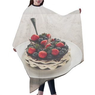 Personality  Delicious Whoopie Pie Cake With Berries On White Plate On Marble Table Hair Cutting Cape