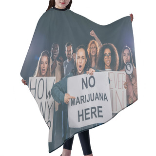 Personality  Emotional Girl Pointing With Finger At Placard With No Marijuana Here Lettering Near Multicultural People On Black  Hair Cutting Cape