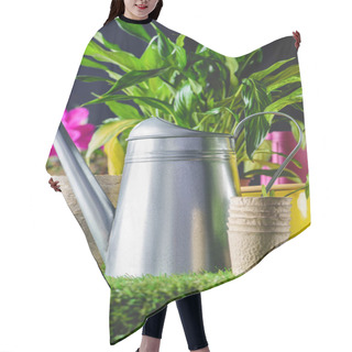 Personality  Closeup View Of Watering Can And Flower Pots On Grass  Hair Cutting Cape