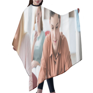 Personality  Schoolkid Looking At Blurred Digital Tablet Near Smiling Classmate, Banner  Hair Cutting Cape