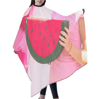 Personality  Summer Mood And Outdoor Recreation With Accessories In The Shape Of A Watermelon. A Little Girl In A Pink T-shirt And Shorts Holds A Pillow In The Shape Of A Wedge Of Watermelon At The Harvest Festival. Summer Mood And Outdoor Recreation With Accesso Hair Cutting Cape