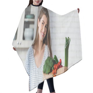 Personality  Joyful Woman Looking At Camera Near Fresh Vegetables In Paper Bag, Banner Hair Cutting Cape