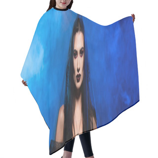 Personality  Panoramic Crop Of Woman In Black Veil On Blue With Smoke, Halloween Concept Hair Cutting Cape
