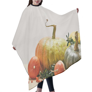 Personality  Autumnal Decoration With Green Leaves, Pumpkins And Pyracantha Berries On Table Hair Cutting Cape