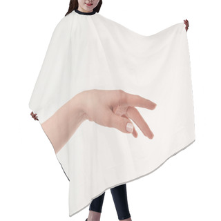 Personality  Partial View Of Well-cared Woman Hand On White Surface Hair Cutting Cape