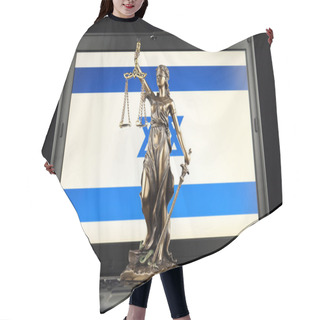 Personality  Symbol Of Law And Justice With Israel Flag On Laptop. Studio Shot. Hair Cutting Cape