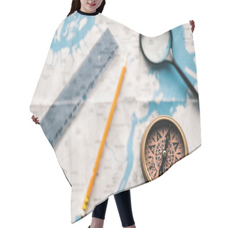 Personality  Top View Of Vintage Compass With Ruler And Magnifying Glass On Map Hair Cutting Cape