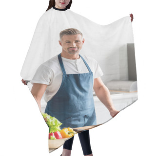 Personality  Adult Man Standing At Kitchen With Salad Ingredients On Table Hair Cutting Cape