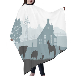 Personality  Silhouettes Of Farm Animals. Rural Landscape With Cow, Horse And Pig. Village Panorama For Poster. Farmer House And Livestock Hair Cutting Cape