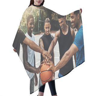 Personality  Training, Friends And Community Support By Basketball Players Hand Connected In Support Of Sports Goal And Vision. Fitness, Trust And Motivation On Basketball Court By Happy, United Professional Men. Hair Cutting Cape