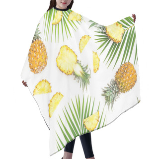 Personality  Pattern Of Sliced Pineapple Fruits And Palm Leaves On White Background, Top View. Tropical Concept  Hair Cutting Cape