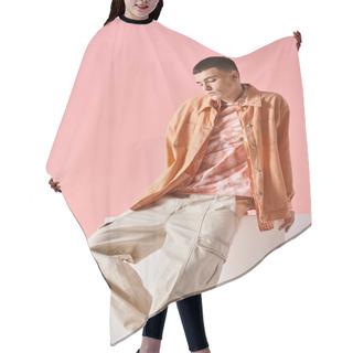 Personality  Full Length Of Stylish Man In Beige Shirt And Trendy Male Pants On White Cube On Pink Background Hair Cutting Cape