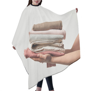 Personality  Cropped View Of Woman Holding Folded Ironed Clothes Isolated On Grey Hair Cutting Cape