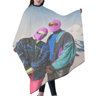 Personality  Stylish Young Couple In Warm Winter Outfits And Balaclavas Posing Together On Snowy Backdrop Hair Cutting Cape