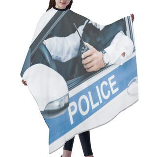 Personality  Partial View Of Male Police Officer In Bulletproof Vest Holding Walkie-talkie In Car  Hair Cutting Cape