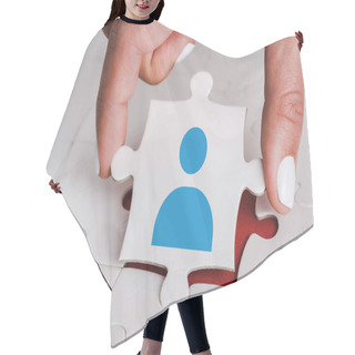 Personality  Close Up Of Woman Holding White Jigsaw With Blue Human Icon Near Connected Puzzle Pieces Hair Cutting Cape