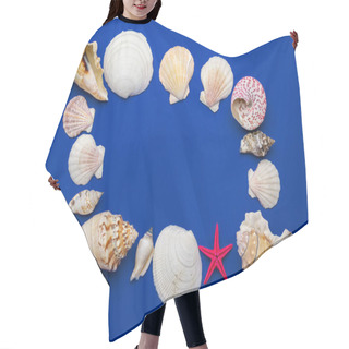 Personality  Hello Summer Pattern Background. Frame Of White Seashells, Red Starfish Isolated On Blue Backdrop. Top View Travel Or Vacation Concept. Flat Lay Hair Cutting Cape