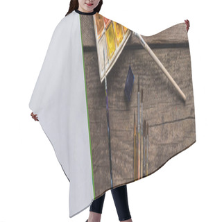 Personality  Top View Of Colorful Paint Palette, Paintbrushes And Blank Sketch Pad On Wooden Surface, Panoramic Shot Hair Cutting Cape
