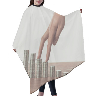 Personality  Cropped Image Of Man Walking With Fingers On Stacks Of Coins On Table, Saving Concept Hair Cutting Cape