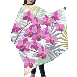 Personality  Green Tropical Background With Blooming Yellow And Purple Orchids, Ferns And Palm Leaves.  Hair Cutting Cape