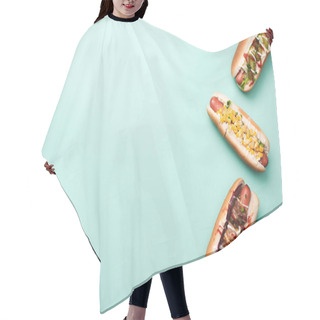 Personality  Top View Of Three Hot Dogs On Blue Hair Cutting Cape
