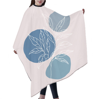Personality  Botanical Floristic Sketch Contour Branches With Leaves. Vector Isolated Minimalistic Branch On A Background Of Jagged Colored Circles Spots Hair Cutting Cape