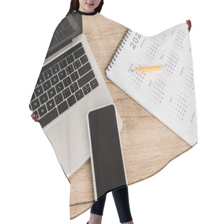 Personality  Smartphone With Blank Screen Near Calendar With Pencil On Wooden Background Hair Cutting Cape