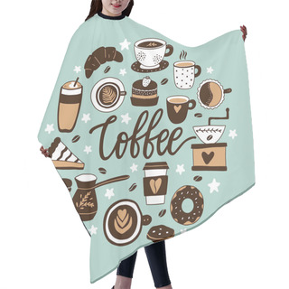 Personality  Vector Circular Illustration With Coffee And A Cute Cups, Croissant And Cake. Background For Flyers, Banners, Invitations, Restaurant Or Cafe Menu Design. Hair Cutting Cape