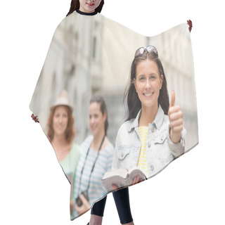 Personality  Smiling Teenage Girls With City Guide And Camera Hair Cutting Cape