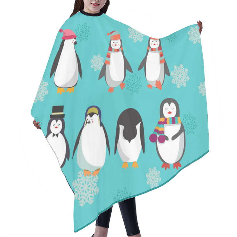 Personality   Vector Set With Cute Penguins Character. Hair Cutting Cape