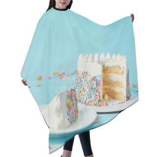 Personality  Slice Of Cake With Cut Cake On Blue Background With Confetti Hair Cutting Cape