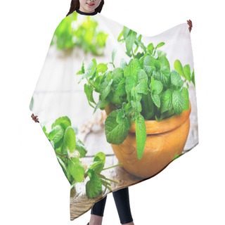 Personality  Bunch Of Fresh Green Mint Leaves On Wooden Table Hair Cutting Cape