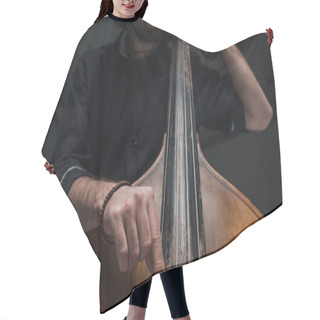 Personality  Cropped Shot Of Man Playing Double Bass On Black Hair Cutting Cape