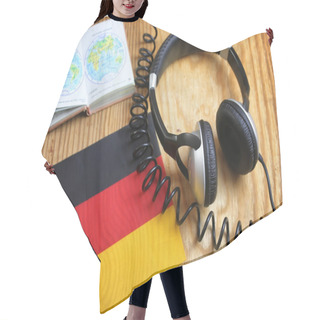 Personality  Course Language Headphone And Flag On A Table Hair Cutting Cape