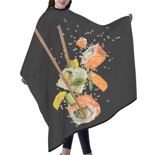 Personality  Sushi Pieces Placed Between Chopsticks On Black Background Hair Cutting Cape