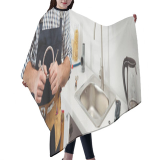 Personality  Panoramic Crop Of Plumber In Tool Belt Holding Metal Pipe In Kitchen  Hair Cutting Cape