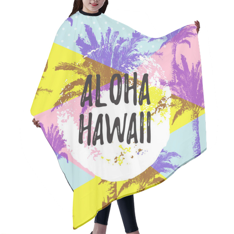 Personality  ALOHA HAWAII gteeting banner. Tropical palm leaves and Pink Flamingo on hand drawn brush background. hair cutting cape