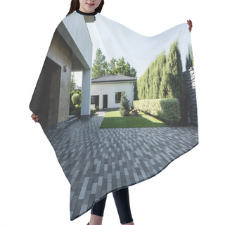 Personality  Facade Of New Contemporary House With Empty Parking, Green Lawn And Garden Hair Cutting Cape