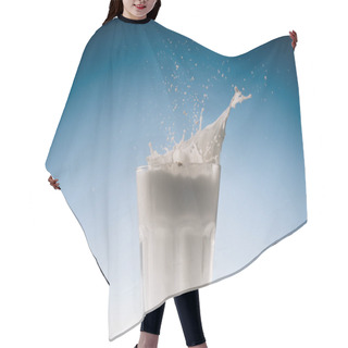 Personality  Glass With Milk And Splashes Isolated On Blue Background Hair Cutting Cape