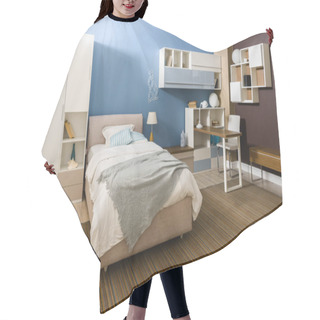 Personality  Bedclothes On Bed In Cozy Bedroom In Blue Tones Hair Cutting Cape