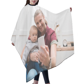 Personality  Smiling Father Taking Selfie With Adorable Son At Home Hair Cutting Cape