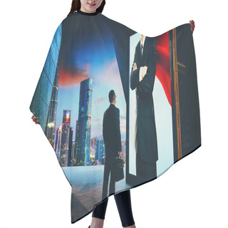 Personality  Young Businessman Looking The Hero Businessman On The Advertising Billboard Screen . Successful Businessman Concept . Hair Cutting Cape