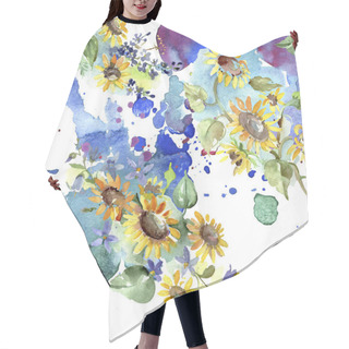 Personality  Bouquet With Sunflowers Botanical Flowers. Wild Spring Leaf Wildflower. Watercolor Illustration Set. Watercolour Drawing Fashion Aquarelle. Seamless Background Pattern. Fabric Wallpaper Print Texture. Hair Cutting Cape
