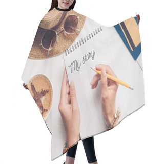 Personality  Partial View Of Woman With Notebook With My Story Lettering At Tabletop With Cup Of Coffee, Straw Hat, Passport And Ticket, Traveling Concept Hair Cutting Cape