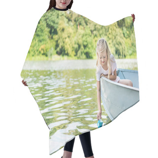 Personality  Happy Little Child Launching Paper Origami Boat While Floating In Boat On Lake Hair Cutting Cape