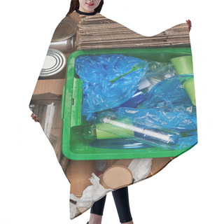 Personality  Top View Of Sorted Plastic, Paper, Metal And Glass Trash Hair Cutting Cape