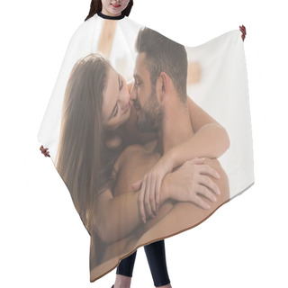 Personality  Beautiful Young Woman Embracing Boyfriend From Behind And Kissing Hair Cutting Cape